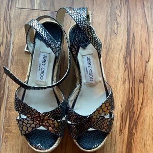Jimmy Choo Metallic Snakeprint Strappy Wedge